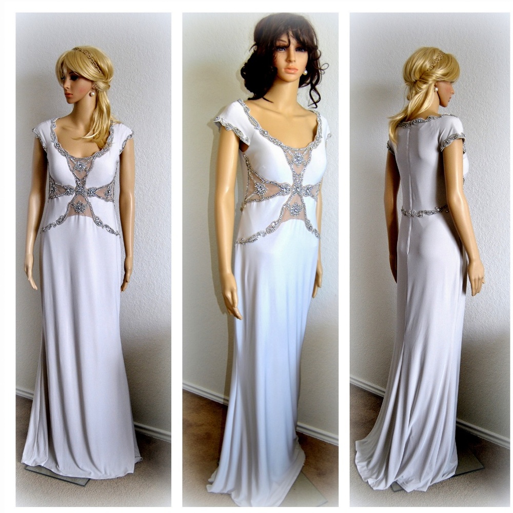 Designer Gown w/ Mesh Cutouts Crystals NWT